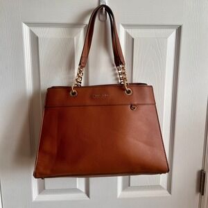 Anne Klein Cognac Brown‎ Tote Bag Gold Chain Straps Stylish Shoulder Handbag